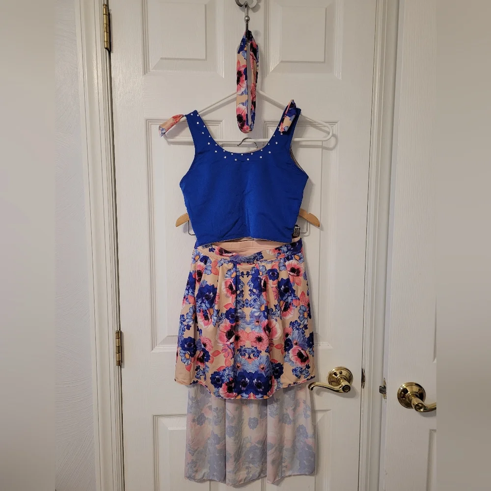 Custom Made Blue and Pink Floral Top and Skirt